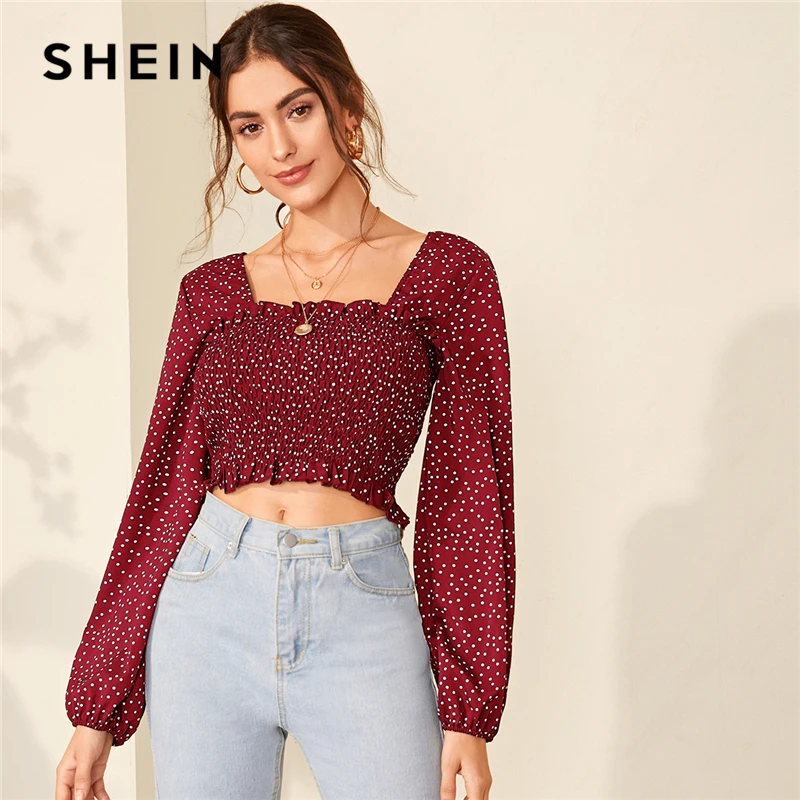 SHEIN Square NeckFrill Trim Polka Dot 