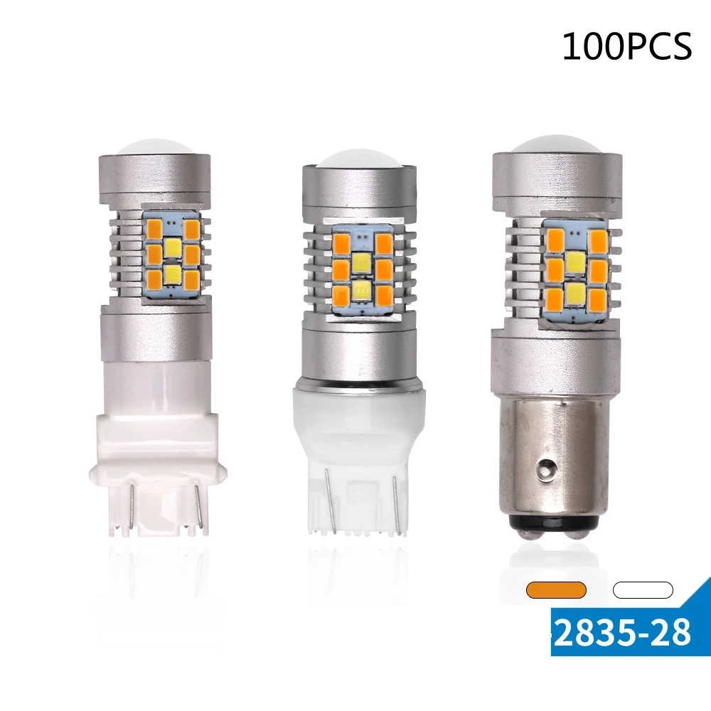 

100 шт. светодиодный ная лампа стоп-сигнал стоп-сигналы 7443 3157 1157 2835 28smd 12 В Универсальный двухцветный 50000 / 100000 часов