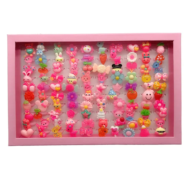 3/6/10pcs Kids Girl Cartoon Makeup Rings Fruit Flower Animal Diamond Shape Ring Finger Jewelry Rings Pretend Play Princess Toys 5