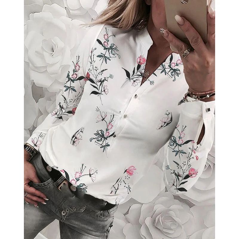 

Long Sleeve Womens Tops and Blouses 2019 Floral Printed V Neck Office Shirts Tunic Ladies Top Blusas Chemise femme SJ3834Y