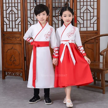 

Chinese Traditional Clothing Hanfu Kids Baby Boy Girl Ancient Phoenix Embroidery Stiching Stage Performance School Uniform Set