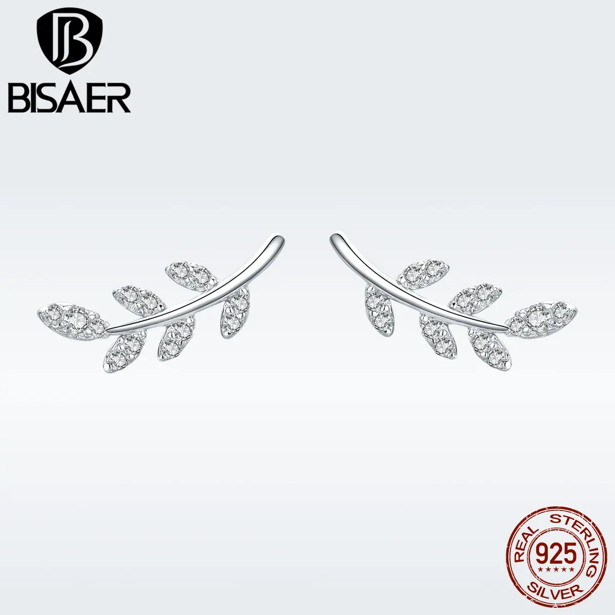 

BISAER 925 Sterling Silver Clear CZ Spring Leaf Design Women Stud Earrings Female Wedding Luxury Jewelry Argent Brincos GAE031