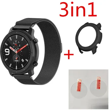 

3in1 For Amazfit GTR 47mm Strap Case Protector Film Stainless Steel Magnetic Bracelet For Amazfit gtr 47mm watch strap Case