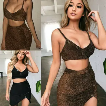

Women Two Piece Bandage Bodycon Skirt V Neck Crop Top + Split Skirt Clothes Set Outfits Holiday Clothes