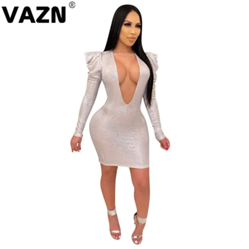 VAZN, новинка, необычное, необычное, сексуальное, вечерние, модное, глубокий v-образный вырез, длинный рукав, тонкая высокая талия, женское мини платье