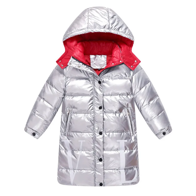 Теплые белые куртки-пуховики на утином пуху для русской зимы, на 30 градусов Водонепроницаемая пуховая верхняя одежда с капюшоном для мальчиков, пальто детская Глянцевая куртка - Цвет: Silver