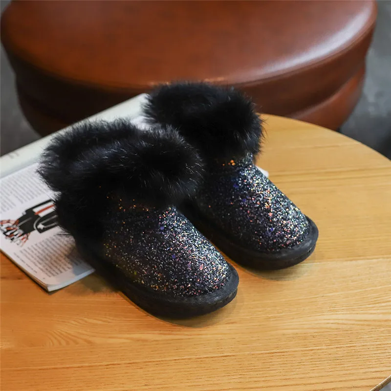 

Princess Boots Winter Kids Girl Snow Booties Children Girls Plush Keep Warm Glitter Outdoor Leisure Boots with Faux Fur SZ125