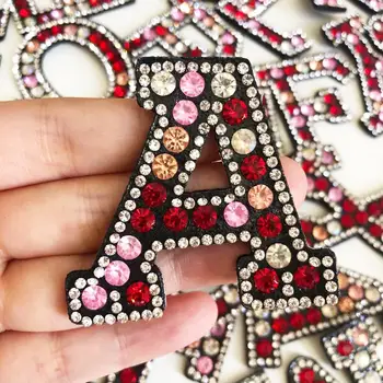 

Red 3D English Letters Beaded Patches For Kids Clothes Bags Sewing On Lace Rhinestone Applique DIY Accessory Name Patch