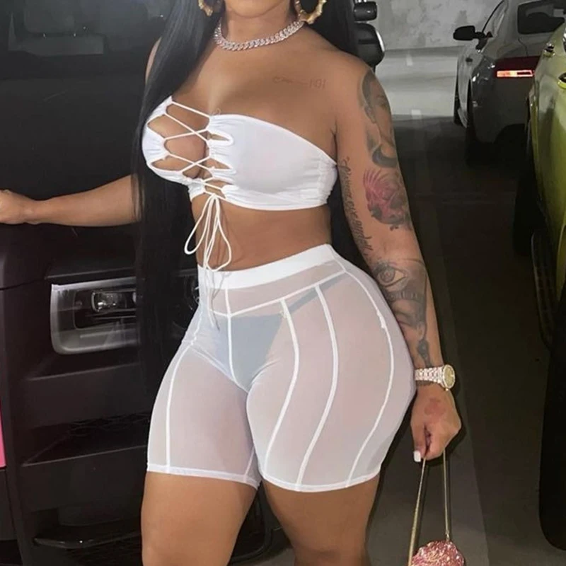 high waisted shorts OMSJ 2022 Summer Fashion Transparent Stripe Mesh Black Hot Sexy Shorts High Waist Elastic Casual Beach Skinny Shorts Bottoming basketball shorts
