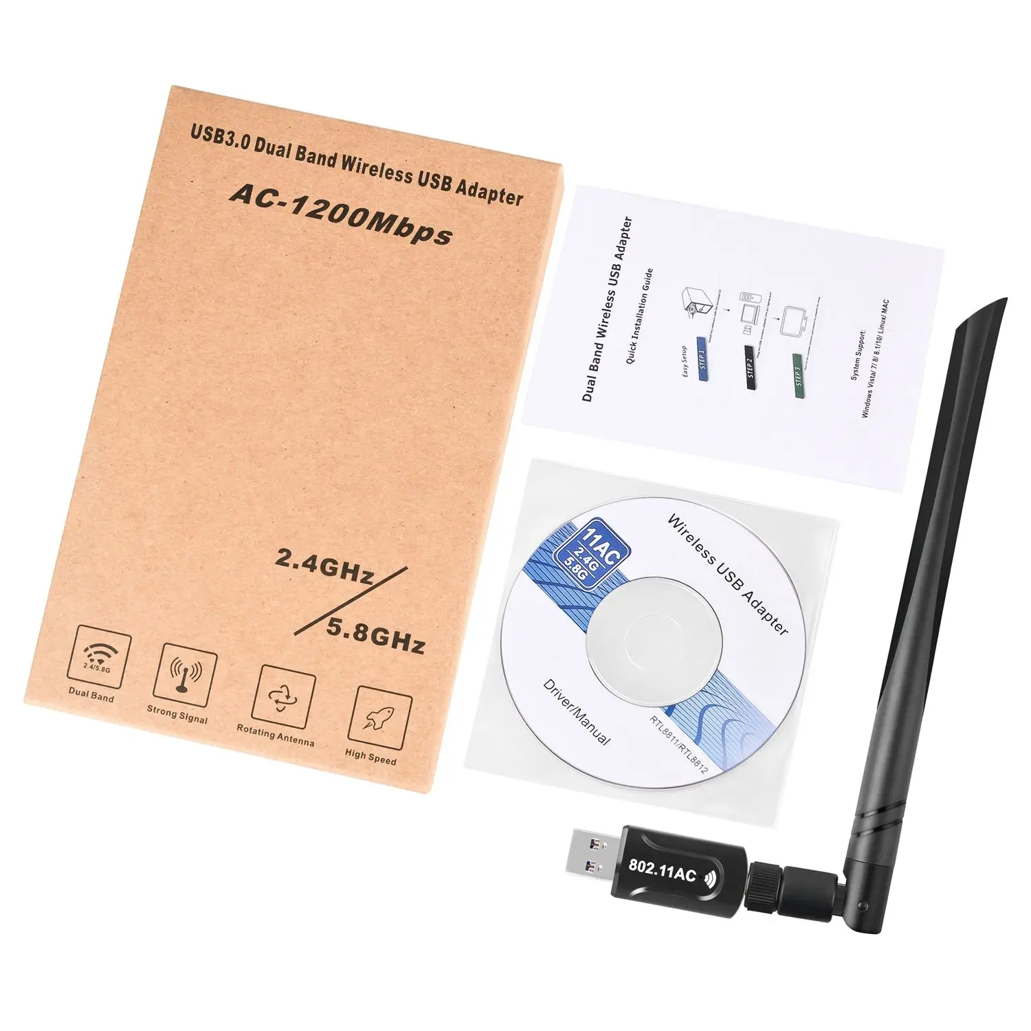 USB WiFi Dongle адаптер 1200 Мбит/с Беспроводная сеть для ноутбука Настольный ПК антенна