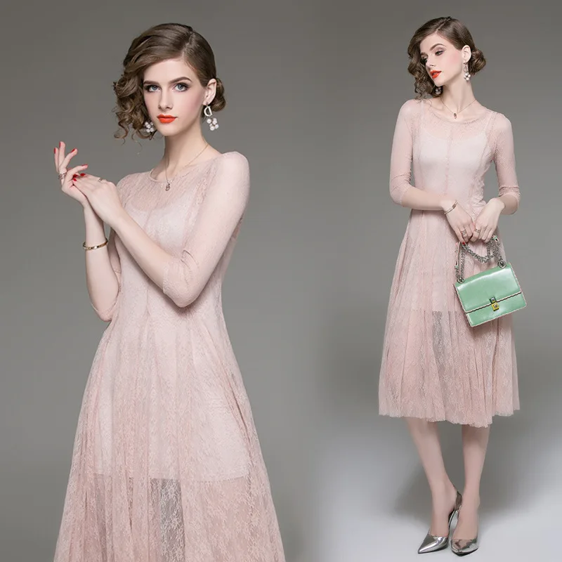 

Feminine of Three-quarter-length Sleeve Dress 2018 Autumn New Style Mid-length Two-Piece Set