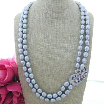 

30'' 2Strands Grey freshwater Rice Pearl Necklace Zircon Pendant