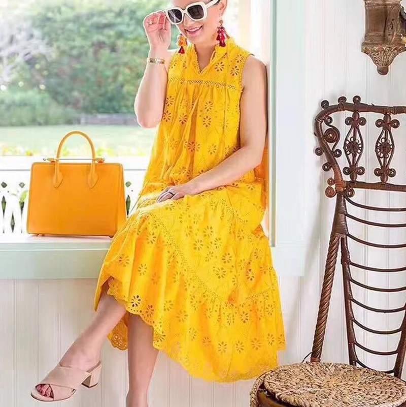 Yellow Lace Maxi Dress Women O-neck 