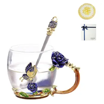 

Glass Coffee Mug Tea Cup and Spoon For Women Butterfly Rose With gifts Box