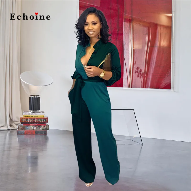 

Echoine Women Jumpsuits Patchwork Color Block Stand Collar Streetwear Button Sash Lace Up Nightclub Rompers Modern Lady Clothes