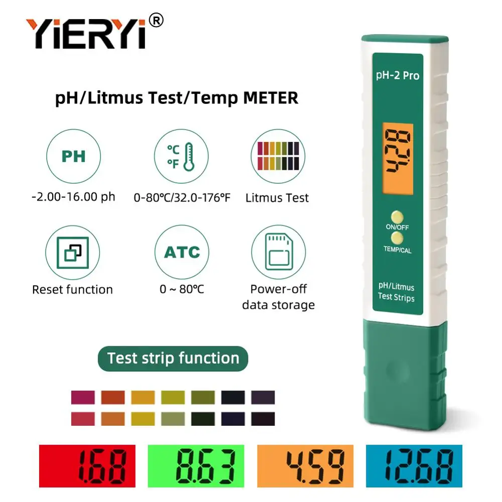 

yieryi PH-2 Pro Meter pH/Litmus Test Strips -2.00-16.00 pH Multiple Backlight Color Reminders for Water Food Aquarium Pool