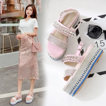 

2020 new summer Women 7cm High Heels Crystal Sandals Weaving Slides Pink 6cm Platform Wedges Cute Sandals Yellow Luxury Shoes
