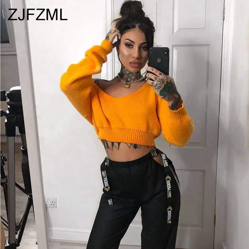 

Sexy Slash Neck Knitted Sweaters 2019 Autumn Winter Long Sleeve Neon Crop Tops Fashion Causal Oversized Pullover Sweaters Female
