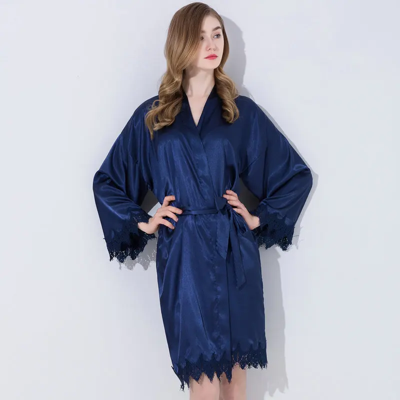 navy blue Owiter шелк Атлас Кружево роскошный халат халаты для невесты и кимоно для невесты халат Ночное белье Свадебные вечерние халаты - Цвет: navy blue