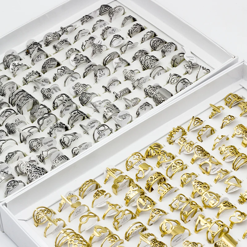 

25 Pieces/Lot Butterfly Bowknot Heart Letter Design Stainless Steel Rings for Women Mix Cute Wedding Fashion Jewelry Wholesale