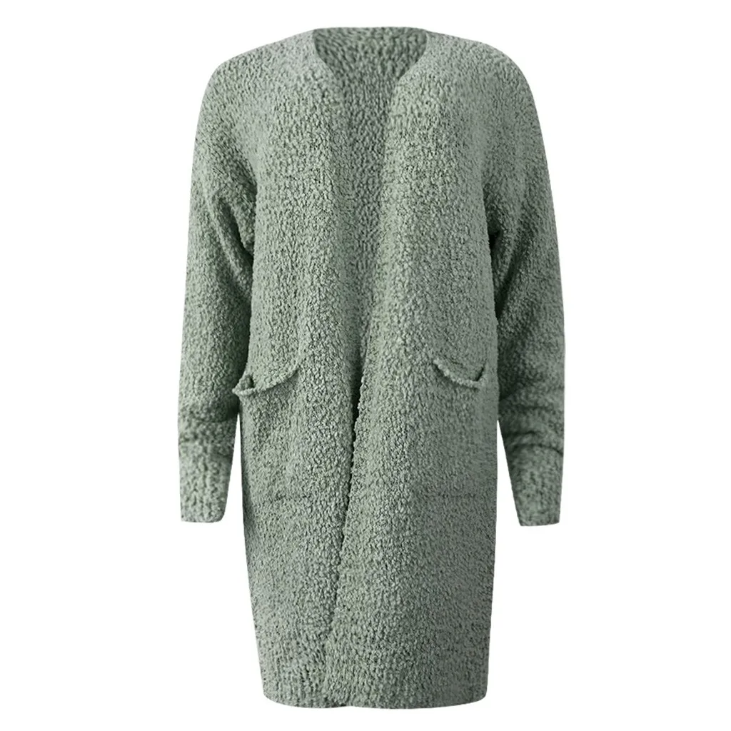 Green Новые женские модные однотонные повседневные однотонные зимние теплые шерстяные карманы кардиган пальто верхняя одежда - Цвет: Green