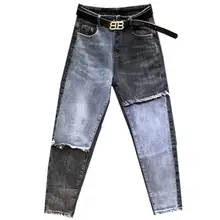 Размера плюс 26-31! Осенние новые модные свободные женские джинсы контрастного цвета с высокой талией шаровары