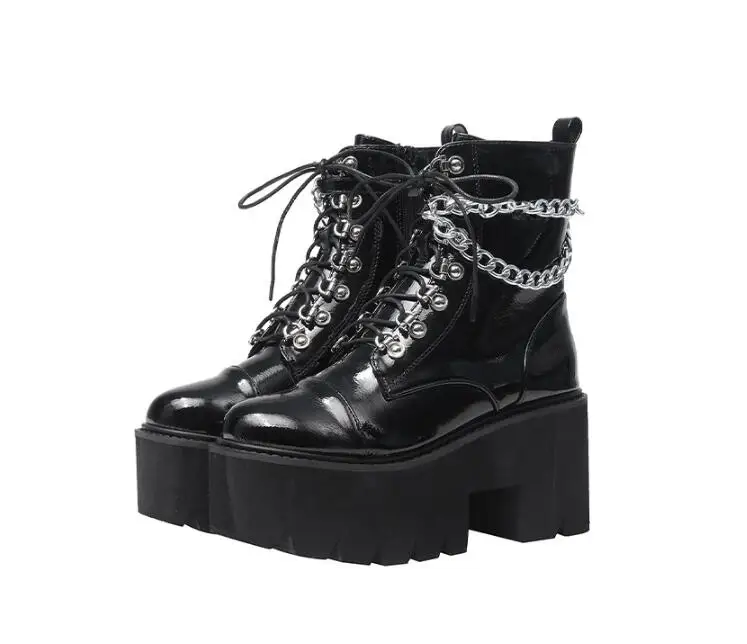Новинка; женские кожаные туфли в готическом стиле с цепочкой на каблуке; черные туфли на платформе - Цвет: Черный