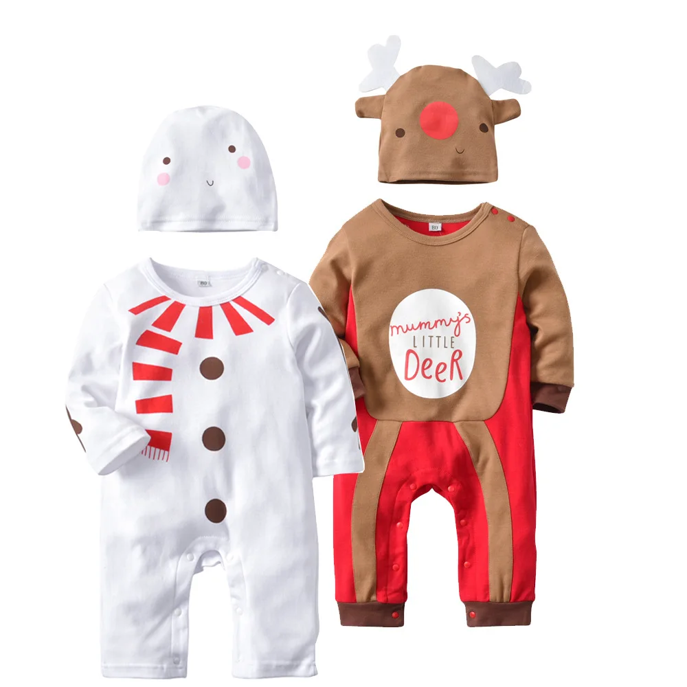 

2019 Christmas Newborn Baby Romper with Hat Cartoon White Snowman Long Sleeve Overall Boy Girl Boy Xmas Costumes Outfits