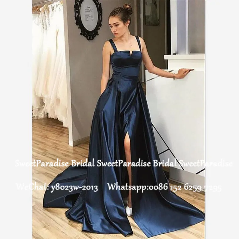 

Navy Blue Satin Evening Dress With Split 2020 Elegant Women A Line Long Court Train Formal Prom Dresses Robe De Soiree