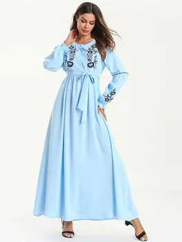 

Turkey Muslim Dress Women Dubai Embroidery A-line Robe Lace-up moroccan kaftan Islamic Hijab vestidos Maxi Kimono jilbab abaya