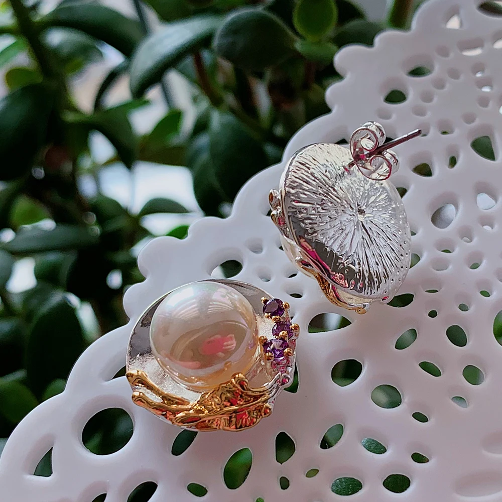 Pretty Elegant 2 Tone color Large Stud Earrings Jewellery Pearl Jewelry Big Gold color Leaf earring for Women