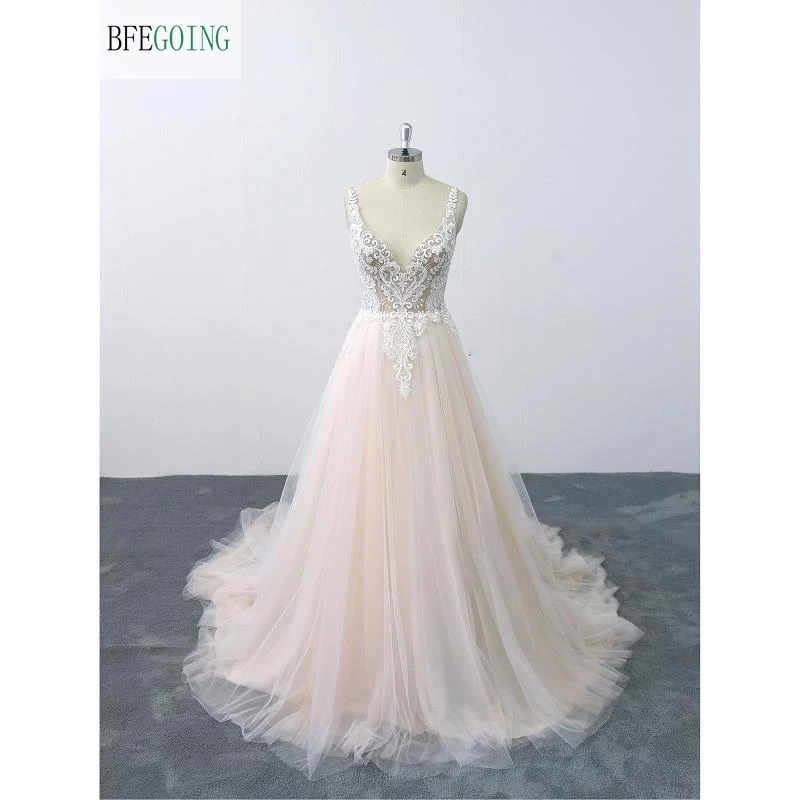 Ivory Lace Appliques Champagne Satin V-Neck Sleeveless Floor-Length A-Line Wedding Dress Chapel Train Custom Made | Свадьбы и