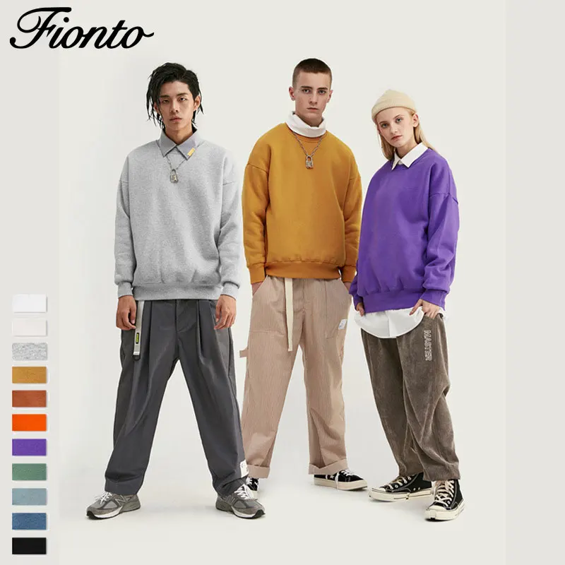 Fionto, Мужская одежда, толстая, 350 г, с мехом, карамельный цвет, чистый цвет, свободные плечи, круглый вырез, защита для мужчин, толстовка