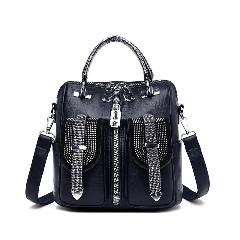 3 в 1 модные алмазные женские маленькие рюкзаки высокого качества мягкий кожаный рюкзак изысканные роскошные сумки через плечо для женщин mochila - Цвет: Blue