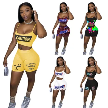

Echoine Women Sexy Summer Letter Print Set Tank Tops Shorts Suit Tracksuit Two Piece Set Fitness Outfit Sport Matching sweatsuit