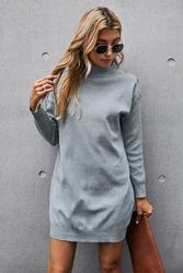 2021 Otoño e Invierno gris vestido de punto jersey de cuello alto de manga larga de Color sólido casual vestido 2021 básico de moda desgaste de las mujeres