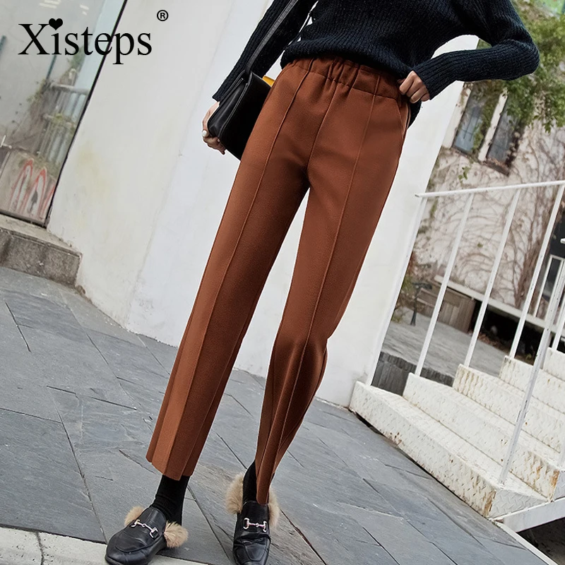 

Xisteps 2020 Autumn Women Comfortable Woolen Fabbric Pants New Straight Loose Elastic Waist Casual Trousers Ankle Length
