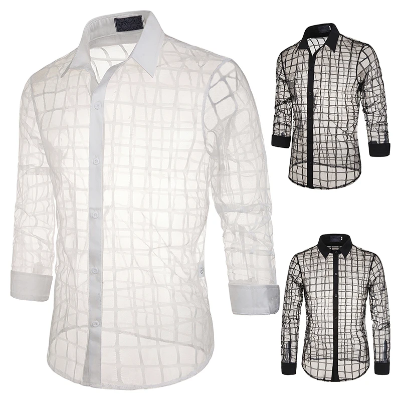 Мужская прозрачная рубашка новая клетчатая Сексуальная кружевная рубашка для мужчин прозрачная сетчатая рубашка Клубная сценическая одежда для выпускного вечера Chemise Homme S-2XL