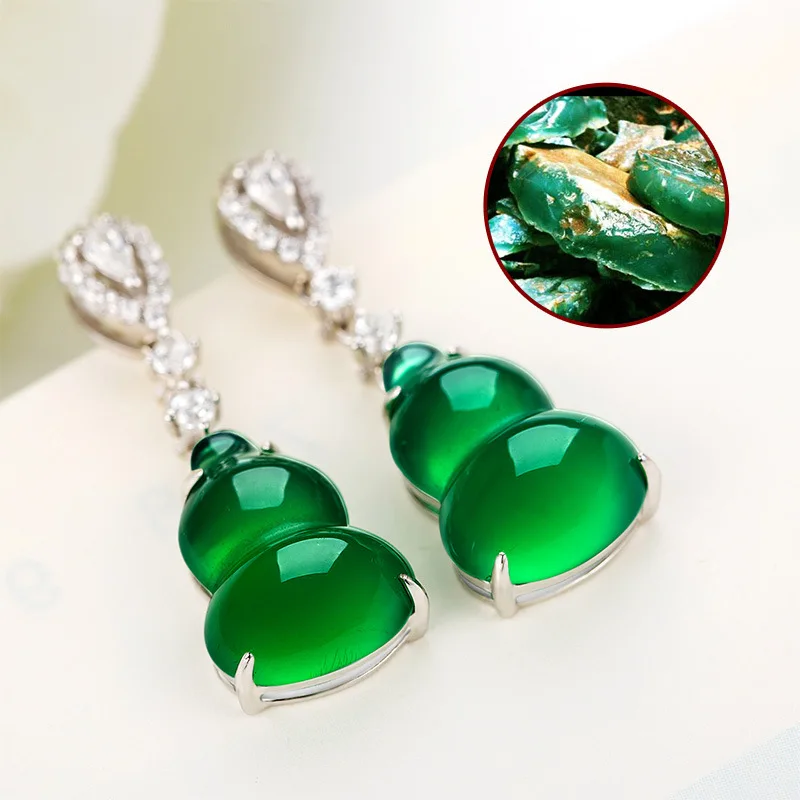 

925 Sliver Emerald Jade Jewelry Gourd Earrings Natural Green Agate Chalcedony Gemstone Drop Garnet Diamond for Women