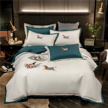 

2020 Luxury Egypt Cotton Elegant Horses Bedding Set Embroidery Duvet Cover Bed Sheet Pillowcases Queen King Size 4Pcs
