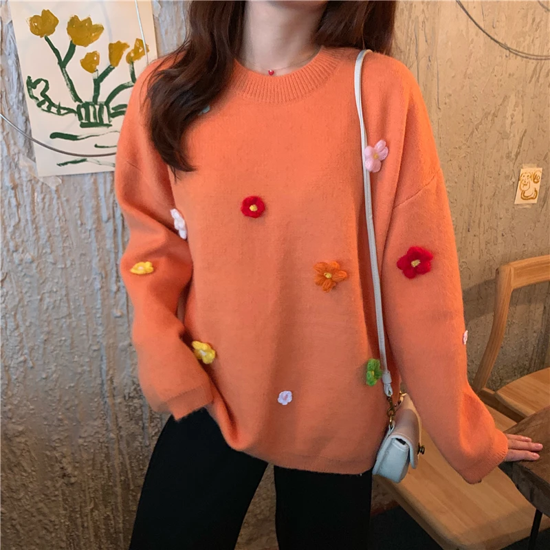 

Women Pullovers Loose Jumpers Flowers Sweaters Oversized Appliques Chic Long Sleeve Knitted Tops Vintage Autumn Winter Clothes