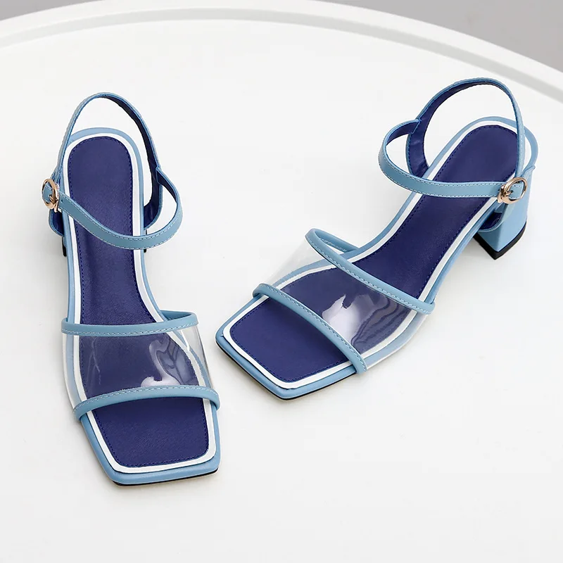 

2019 summer new one-word buckle transparent film open-toed thick heel sweet wind temperament simple lady sandals