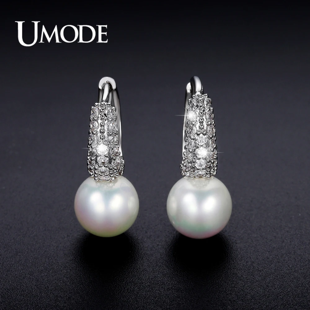 UMODE Fashion Woman Jewelry Newly Issued Tiny CZ Pave Simulated Pearl Small Rhodium Color Cute Girls' Hoop Earrings UE0123