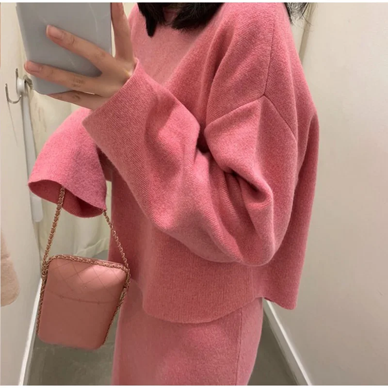 Spring Knitted Sweater Skirt 2 Piece Set Women O-Neck Batwing Sleeve Pullovers Skirts Suit Winter Fashion Elegant Ladies Sets