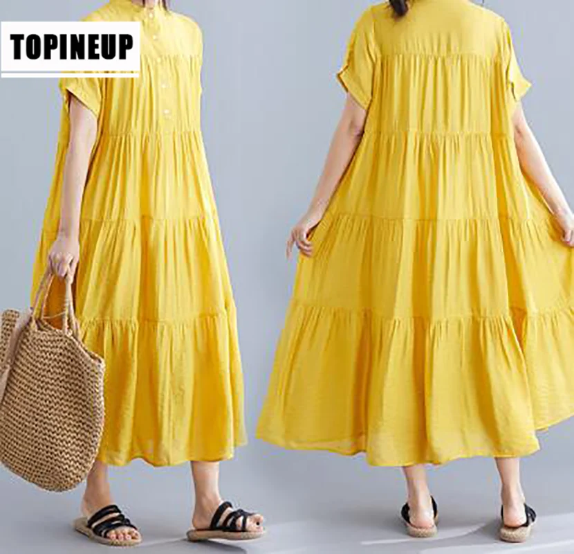 

Plus size 4xl 5xl women's summer sundress oversized casual solid color maix long boho dress female shirt loose pleated dresses