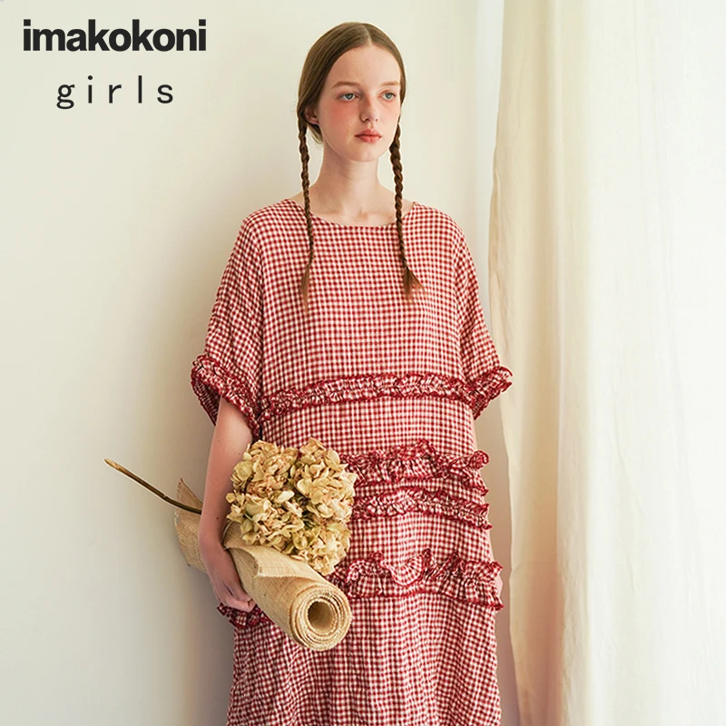 Красно белое платье Imakokoni в клетку оригинальный дизайн Свободные повседневные