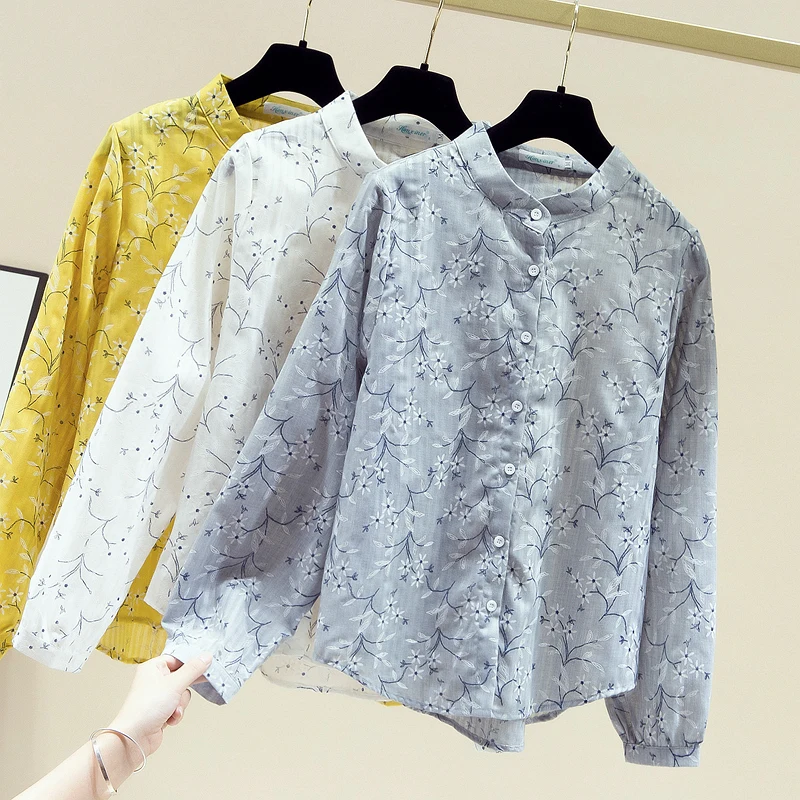 

Long Sleeve Shirt Female Loose Top New Women's Flower Ladies Tops Vintage Blusas Button Chiffon Elegant White Yellow Gray 2651