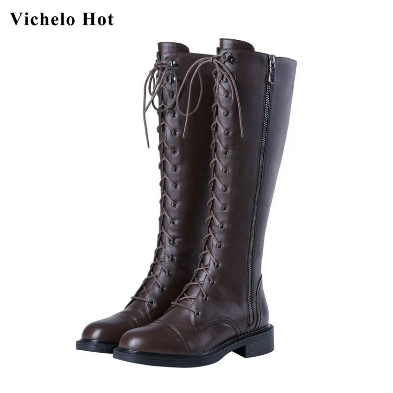 

Vichelo Hot genuine leather lace up riding boots round toe med heels winter keep warm young lady rock Zip knee high boots L9f1
