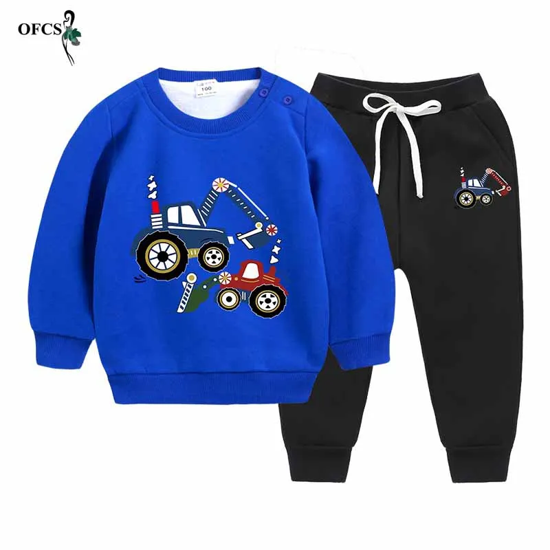 Осенний утепленный детский флисовый свитер костюм с рисунком теплая одежда для маленьких мальчиков и девочек длинный рукав+ штаны 2 комплекта - Цвет: Blue add Black