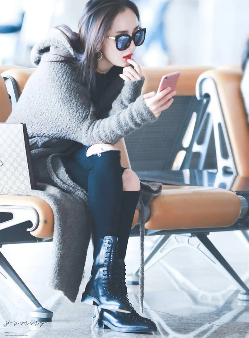 

Yang Mi Autumn And Winter Celebrity Style Lace-up Martin Boots Knight Boots Short Boots 322-3-Black And White with Pattern 35-39